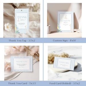 May include: A collection of baby shower stationery items with a blue and white striped design. Includes a thank you tag, custom sign, thank you card, and food label. The thank you tag is 3.5 inches by 2 inches, and the custom sign is 8 feet by 10 feet.