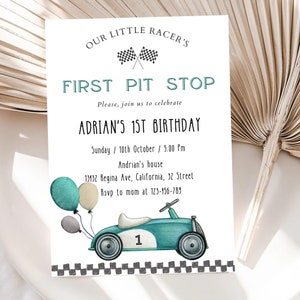 May include: A blue and white toy race car with a number "1" on the side. The car is attached to three balloons, one blue, one beige, and one gray. The invitation reads "Our Little Racer's First Pit Stop Adrian's 1st Birthday Sunday 10th October / 5.00 Pm Andrian's house 13132 Regina Ave, California, 32 Street Rsvp to mom at 123-156-789".