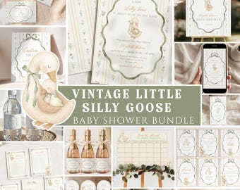 Goose Baby Shower Invitation Bundle, Silly Goose Baby Shower Decor, Vintage Mother Goose Invite Printable, Goose on the Loose