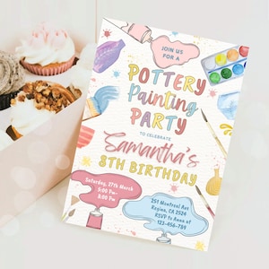 Puede incluir: Una invitación colorida para una fiesta de pintura de cerámica para celebrar el octavo cumpleaños de Samantha. La invitación presenta pinceles, tubos de pintura y una paleta de acuarela. La fiesta es el sábado 27 de marzo de 5:00 PM a 8:00 PM. La dirección es 251 Montreal Ave, Regina, CA 2524. RSVP a Anna al 123-456-789.