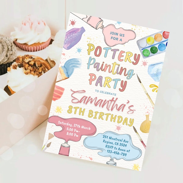 Editable Pottery Painting Birthday Invitation Colorful Pottery Art Party Invite Rainbow Brushes Invite