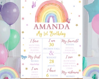 May include: A colorful rainbow birthday poster with a pink background and gold stars. The poster says "Amanda My 1st Birthday" and includes details about the child's age, height, weight, favorite foods, and skills.