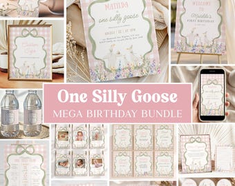 One Silly Goose 1st Birthday Invitation Bundle, Pink Silly Goose First Birthday Floral Party Decor, Girl Goose Birthday Templates