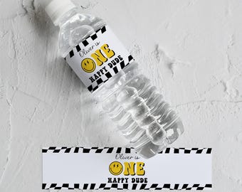 Etiqueta para botella de agua con forma de cara sonriente de un tipo feliz, plantilla editable para regalos de fiesta de un tipo genial