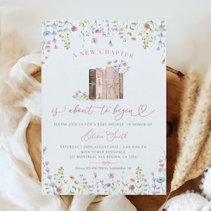 Uitnodiging babyshower met verhalenboek, een nieuw hoofdstuk gaat over het begin babyshower, sjabloon voor babyshoweruitnodiging met boekthema