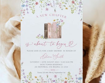 Invitación para baby shower con temática de cuentos, "Un nuevo capítulo está a punto de comenzar", plantilla de invitación para baby shower con temática de libros