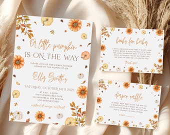 May include: Baby shower invitation set with a fall theme. The invitation reads "A little pumpkin is on the way" with pumpkin and leaf illustrations. Includes a "books for baby" card and a "diaper raffle" card.