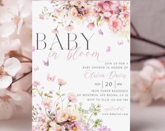 Baby in Bloom Baby Shower Invitation Wildflower Baby Shower Evite Pink Butterfly Invite Baby in Bloom Baby Shower Colorful Invitation