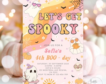 May include: Pink and orange Halloween party invitation with a ghost wearing sunglasses and a pumpkin. The text reads "Let's Get Spooky, Join us for a Sofia's 4th Boo-day, Saturday, 30 September 2024, 3:00PM - 5:00PM, Sofia's House, 251 Montreal Ave Regina, CA 2333, RSVP to Mom at 123-456-789".
