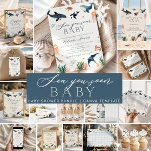 May include: A collection of baby shower stationery with an ocean theme. Includes invitations, signs, tags, and cupcake toppers. The designs feature illustrations of whales, sharks, and other sea creatures. The text "Sea you soon BABY" is prominently displayed.