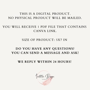 K&ouml;nnte beinhalten: Text&uuml;berlagerung auf wei&szlig;em Hintergrund mit dem Text "THIS IS A DIGITAL PRODUCT. NO PHYSICAL PRODUCT WILL BE MAILED. YOU WILL RECEIVE 1 PDF FILE THAT CONTAINS CANVA LINK. SIZE OF PRODUCT: 5X7 IN DO YOU HAVE ANY QUESTIONS? YOU CAN SEND A MESSAGE AND ASK! WE REPLY WITHIN 24 HOURS!" und einem rosa Aquarell-Logo mit dem Text "Invitation Design STUDIO".
