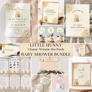 May include: Winnie the Pooh themed baby shower printable bundle with a yellow and white color scheme. The bundle includes a welcome sign, a food label, a game, a guess the baby's date card, a thank you tag, a cards and gift sign, and a water bottle label.