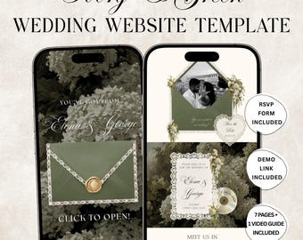 Green & Ivory Wedding Website Template, Old Money Aesthetic Canva Website, Elegant Save the Date Digital Wedding Invitation