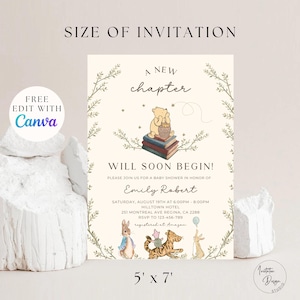 May include: A Winnie the Pooh themed baby shower invitation with a green leafy border. The invitation reads "A New Chapter Will Soon Begin!" and includes the name "Emily Robert" and details for the baby shower. The invitation is 5 inches by 7 inches.