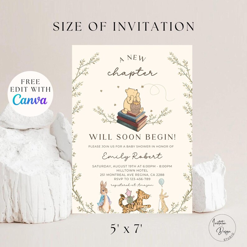 May include: A Winnie the Pooh themed baby shower invitation with a green leafy border. The invitation reads "A New Chapter Will Soon Begin!" and includes the name "Emily Robert" and details for the baby shower. The invitation is 5 inches by 7 inches.