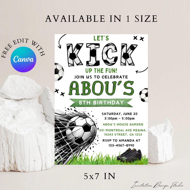 May include: A green and black soccer-themed birthday invitation for an 8th birthday party. The invitation says "Let's Kick Up The Fun! Join Us To Celebrate Abou's 8th Birthday". The invitation includes a soccer ball, a soccer net, and a pair of black and white soccer cleats. The invitation is 5x7 inches.
