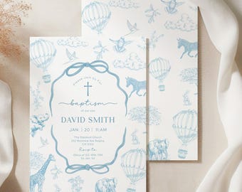 May include: Baptism invitation featuring a light blue and white design. The invitation includes illustrations of hot air balloons, animals, and birds. The text reads "baptism of our son David Smith" with event details.