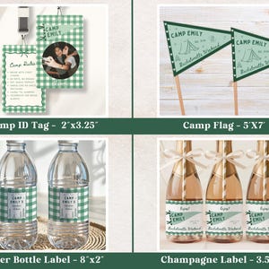 May include: A collection of party supplies with a green and white gingham theme. Items include a Camp ID tag, pennant flags, water bottle labels, and champagne labels. The labels and flags feature the text "Camp Emily" and "Bachelorette Weekend."