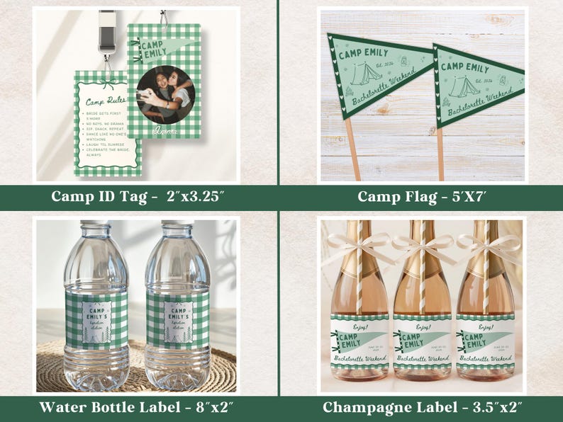 May include: A collection of party supplies with a green and white gingham theme. Items include a Camp ID tag, pennant flags, water bottle labels, and champagne labels. The labels and flags feature the text "Camp Emily" and "Bachelorette Weekend."