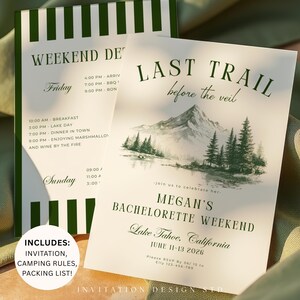 Camp Bachelorette Itinerary Template, Lake Theme Bach Party Invitation, Last Trail Before the Veil, Girls Trip Bachelorette