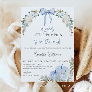 Fall Pumpkin Boy Baby Shower Invitation, Blue Bow Autumn Baby Shower Invite, Editable Blue Little Pumpkin Baby Shower Template