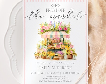 Invitación para despedida de soltera recién salida del mercado, Fiesta nupcial en floristería "Ella ya salió del mercado", Invitación para despedida de soltera en el mercado de agricultores