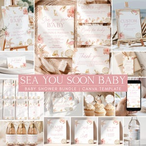 Puede incluir: Un conjunto de decoración para baby shower con temática marina. El conjunto incluye invitaciones, letreros y etiquetas con ilustraciones de acuarela de conchas marinas, estrellas de mar y flores. El texto "Sea You Soon Baby" se muestra de forma destacada.