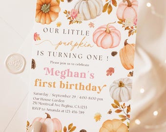 Pumpkin 1st Birthday Invitation Fall First Birthday Invitation Our Little Pumpkin Girl Birthday Invitation