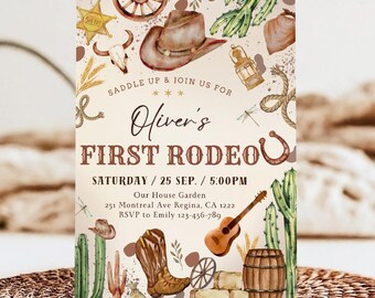 May include: A watercolor illustration of a cowboy-themed party invitation. The invitation features a cowboy hat, boots, cacti, a guitar, and a horseshoe. The text on the invitation reads "Saddle Up & Join Us For Oliver's First Rodeo, Saturday / 25 Sep. / 5:00PM, Our House Garden, 251 Montreal Ave Regina, CA 1222, RSVP to Emily 123-456-789".