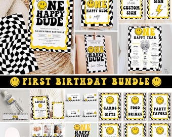 One Happy Dude Birthday Bundle Smiley Face Birthday Bundle One Cool Dude Party Favors Editable Template