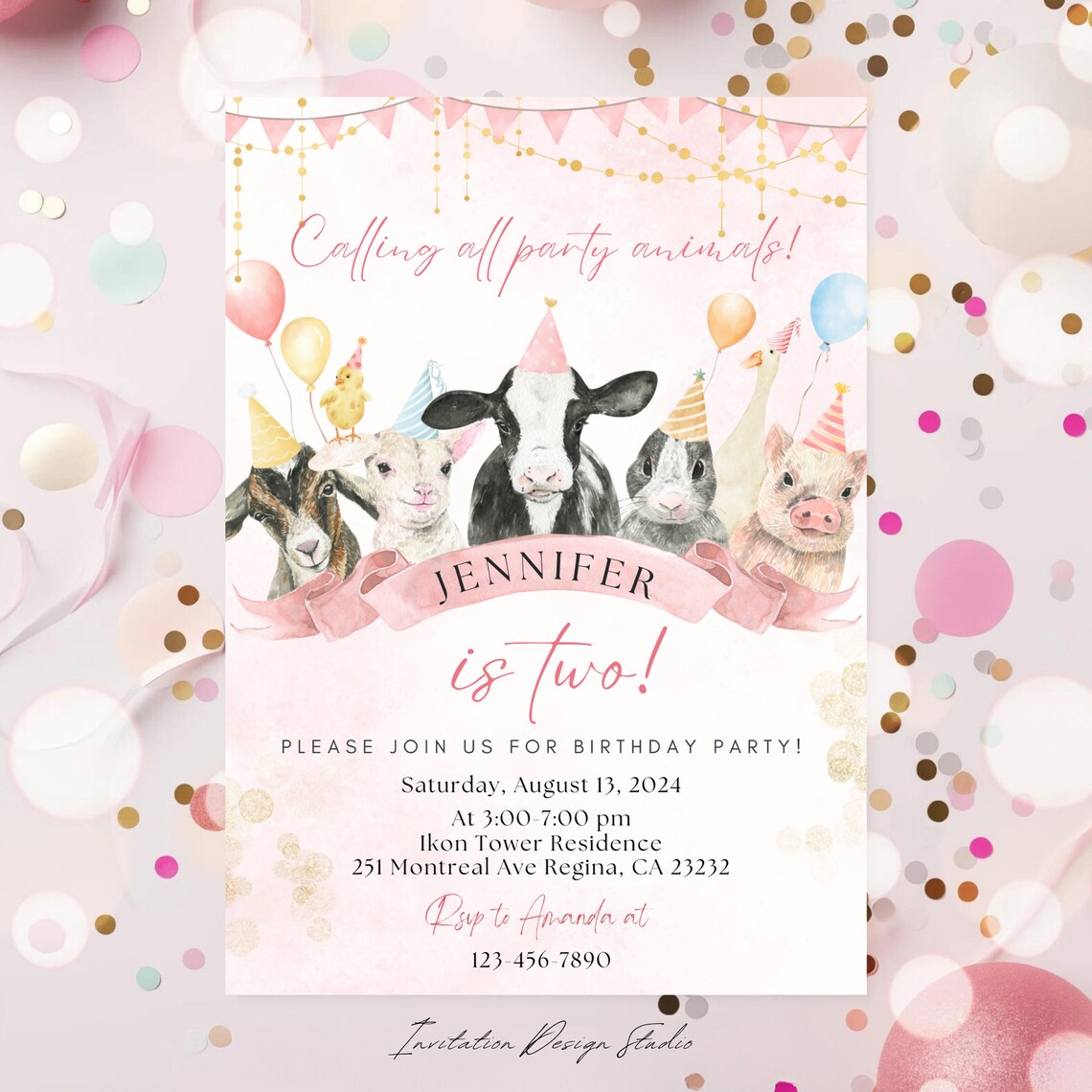 Editable Pink Farm Animals Birthday Invitation Girl Barn Animals ...