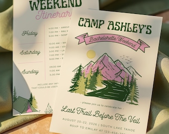 Camp Bachelorette Party Invitation, Girls Trip Bachelorette Itinerary Template, Bride to Be Glamping Party Invite