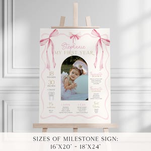 May include: A pink and white milestone sign on a wooden easel. The sign features a photo of a baby, pink bows, and text that reads "Stephanie MY FIRST YEAR." It lists the baby's weight as 18 pounds and height as 30 inches.