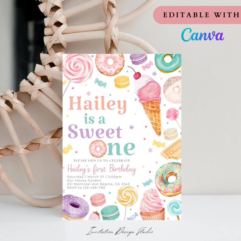 May include: A printable invitation for a first birthday party with a sweet theme. The invitation features a watercolor illustration of donuts, ice cream, candy, and other sweets. The text on the invitation reads "Hailey is a Sweet One" and includes details about the party, such as the date, time, and location.