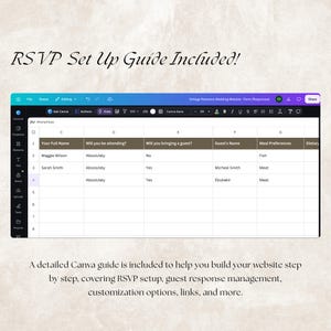 May include: A digital spreadsheet interface displayed within a Canva workspace, featuring columns for guest names, attendance status, and meal preferences. The text RSVP Set Up Guide Included! appears at the top, with a descriptive summary below.