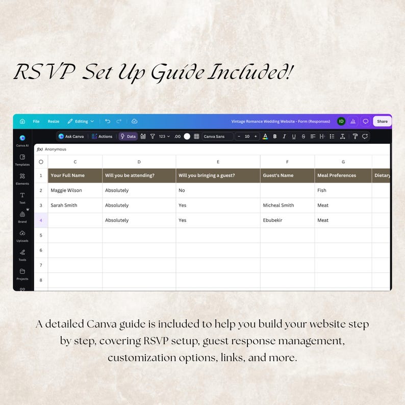 May include: A digital spreadsheet interface displayed within a Canva workspace, featuring columns for guest names, attendance status, and meal preferences. The text RSVP Set Up Guide Included! appears at the top, with a descriptive summary below.