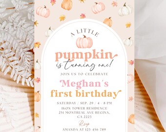 Pink Pumpkin 1st Birthday Invitation Fall First Birthday Invitation Our Little Pumpkin Birthday Invitation Editable Template