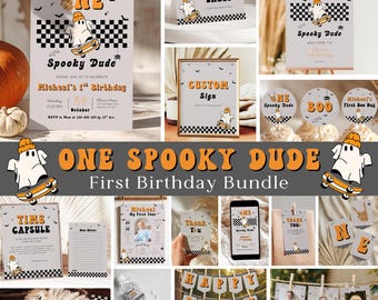 Spooky One Dude Boy 1st Birthday Invitation Bundle, Halloween 1st Birthday Bundle, Editable Spooky One Halloween Birthday Decor