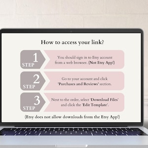 May include: A laptop screen displays instructions on how to access a link after purchase. The steps are numbered and outlined in gray and pink, with text explaining the process. The screen is on a white desk.