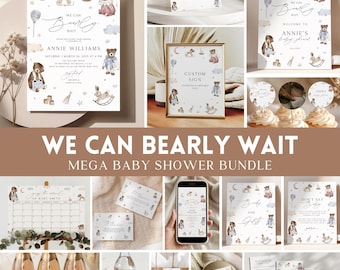 We Can Bearly Wait Baby Shower Bundle, Vintage Teddy Bear Shower Game Set, Balloon Bear Baby Shower Suite for Boys