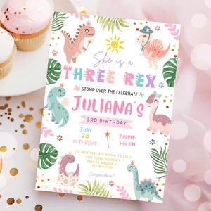 Three Rex Girl Birthday Invitation Pastel Dinosaur Invitation Digital Three Rex Girl Dinosaur 3rd Birthday Invite