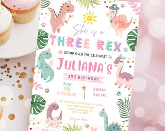 Three Rex Girl Birthday Invitation Pastel Dinosaur Invitation Digital Three Rex Girl Dinosaur 3rd Birthday Invite
