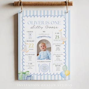 One Silly Goose 1st Birthday Milestone Board with Photo, Boy First Birthday Milestone Poster, Blue One Silly Goose Themed Party Sign