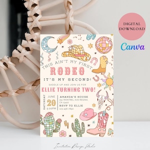 Op de afbeelding: Een roze en witte uitnodiging voor een tweede verjaardagsfeest met een rodeo-thema. De uitnodiging toont een cowboyhoed, laarzen, cactussen en sterren. De tekst op de uitnodiging luidt "This ain't my first rodeo. It's my second! Saddle up and join us for Ellie turning two!" De uitnodiging bevat ook de datum, tijd en locatie van het feest.