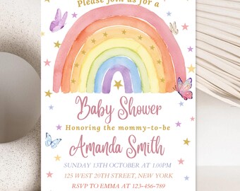 Rainbow Baby Shower Invitation Girl Baby Shower Editable Invitation Pastel Rainbow Editable Invitation