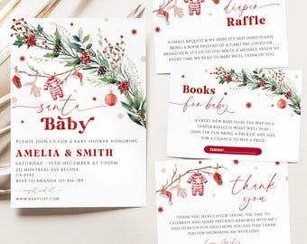 May include: Christmas-themed baby shower invitations and inserts. The main invitation features "Santa Baby" text with festive greenery and ornaments. Additional cards include diaper raffle, book request, and thank you notes.