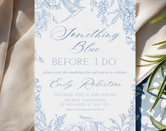 Quelque chose de bleu nuptiale de douche, invitation de douche nuptiale en toile française, modèle de douche de mariage floral bleu vintage