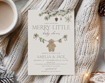 Merry Little Baby Shower Invitation, Winter Baby Shower Invite, Editable Gender Neutral Evergreen Christmas Evite