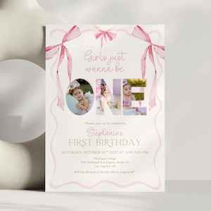 Girls Just Wanna Be One Birthday Invitation with Photo, Personalized Pink Bow 1st Birthday Invite, Girls 1st Birthday Coquette Party