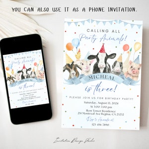 K&ouml;nnte beinhalten: Eine blaue und wei&szlig;e Geburtstagseinladung mit einer Aquarell-Illustration von Bauernhoftieren, die Partyh&uuml;te tragen. Die Einladung lautet "Calling all Party Animals! Micheal is three!" und enth&auml;lt Datum, Uhrzeit und Ort der Party.